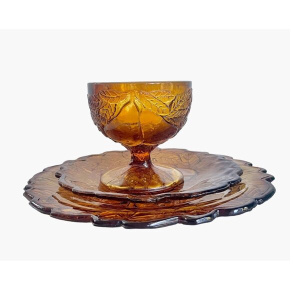 Vintage 70s Tiara Glass Dark Amber Burnt Honey Sweet Pear Saucers plates 4 pcs. - Picture 7 of 9